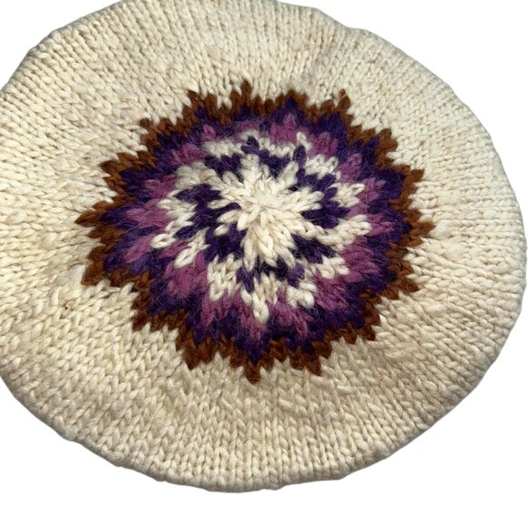 Hand knit plum brown wool Fair Isle design wool beret hat - Picture 2 of 5